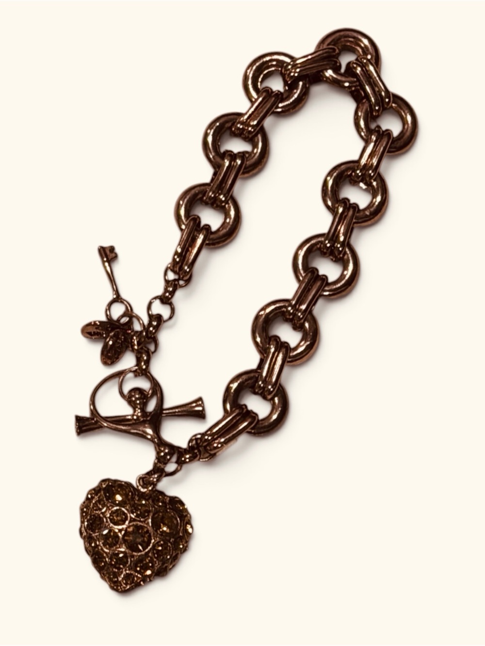 ✨ VINTAGE FOSSIL CHUNKY DARK COPPER PAVÉ HEART BRACELET ✨
